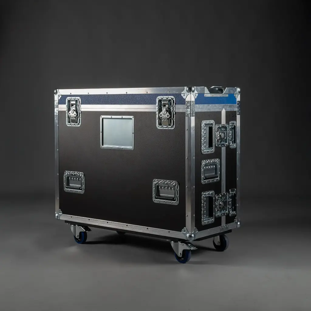 [TPL000195-001] Flight case for Yamaha DM7-EX incl. Dock-House | three-part [incl. 2 HE compartment] (Black, Accent colour: black, without tour label dish, 2 braked castors, without bracket, without engraving)