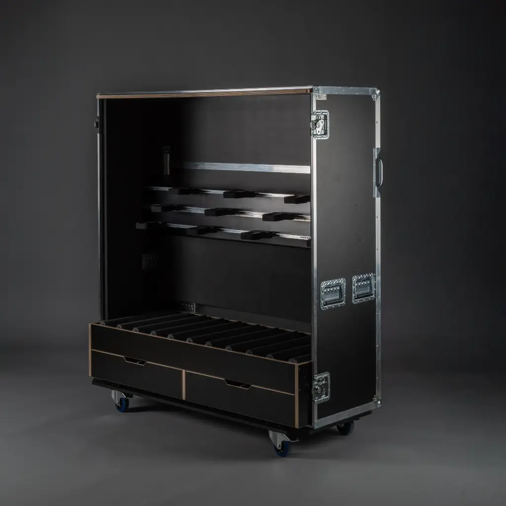 [TPL000468-001] Flightcase für 10x Gitarre [2x Schublade][150 cm] (Schwarz, Akzentfarbe: Schwarz, ohne Tourlabelschale, ohne Stapelmulden, ohne Gravur, 2 gebremste Rollen, ohne Beleuchtung)