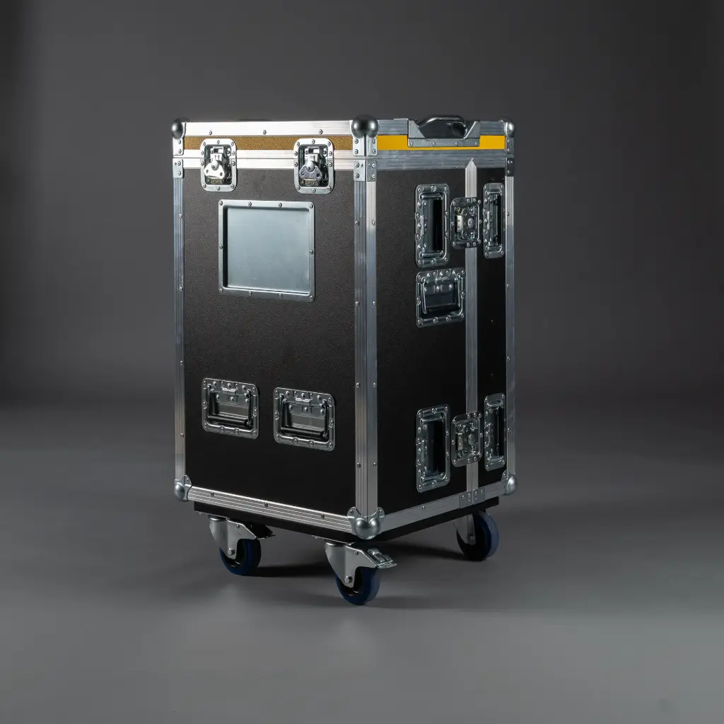 [TPL000463-001] Flight case for Yamaha DM7 Compact | three-part [2 HE compartment] incl. monitor arm mount (Black, Accent colour: black, without tour label dish, 2 braked castors)