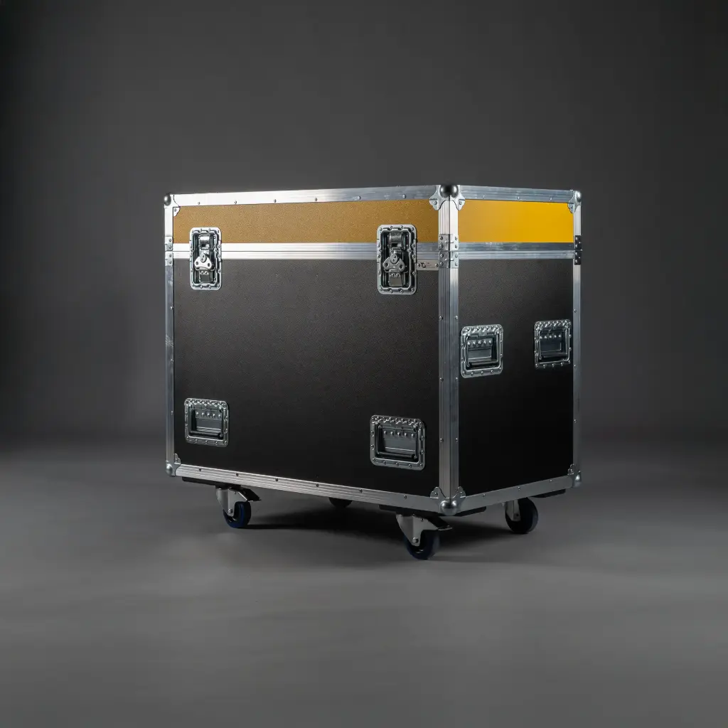 [TPL000509-002] Flightcase for 4x Prolights Jet Profile300LT with mounted hook [incl. accessory compartment] (Black, Accent colour: black, without stacking dish, without tour label dish, 2 braked castors, without engraving)
