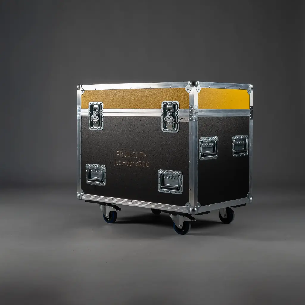 [TPL000516-002] Flightcase for 4x Prolights Jet Hybrid200 with mounted hook [incl. accessory compartment] (Black, Accent colour: black, without stacking dish, without tour label dish, 2 braked castors, without engraving)