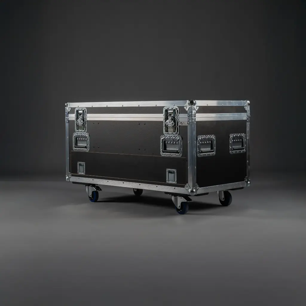 [TPL000612-001] Flight case for 8 x Cameo ROOT BAR including accessory drawer (Black, Accent colour: black, without stacking dish, without tour label dish, 2 braked castors, without engraving)