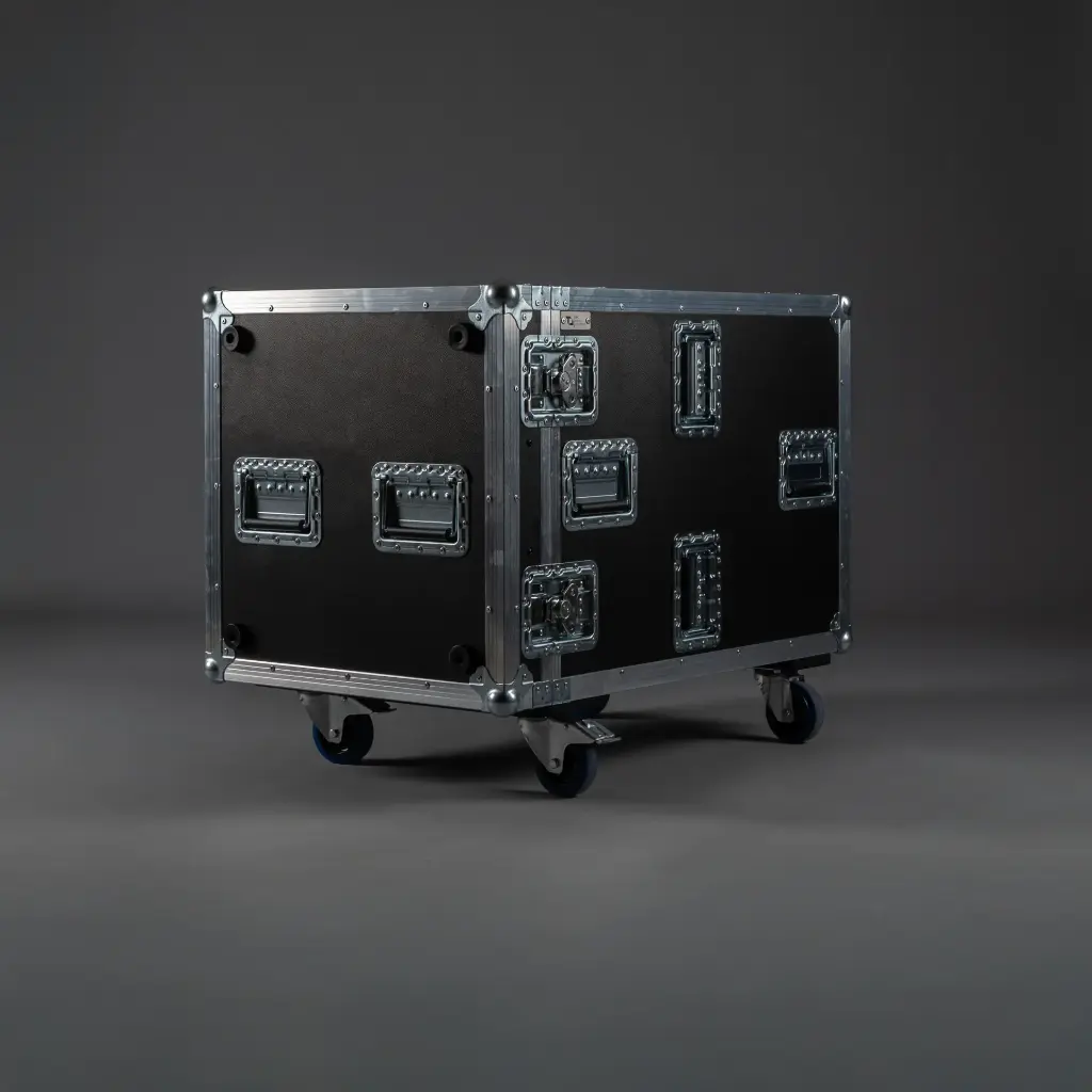 [TPL000537-004] Flightcase für 1x L-Acoustics Syva Low mit Base (Schwarz, Akzentfarbe: Schwarz, ohne Stapelmulden, ohne Tourlabelschale, 2 gebremste Rollen, ohne Gravur, ohne Gummifüße am Deckel)