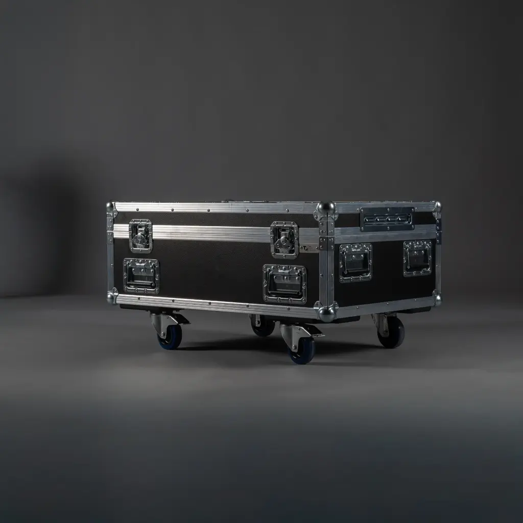 [TPL000425-002] Flightcase for 8x Cameo ROOT PAR IP [incl. accessory compartment] (Black, Accent colour: black, without tour label dish, without stacking dish, without ventilation tray, 2 braked castors, without engraving)