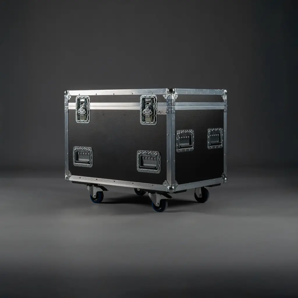 [TPL000680-002] Flightcase für 4x ROXX E.SHOW mit P.O. Bügel (Schwarz, Akzentfarbe: Schwarz, ohne Stapelmulden, ohne Tourlabelschale, 2 gebremste Rollen, ohne Gravur)