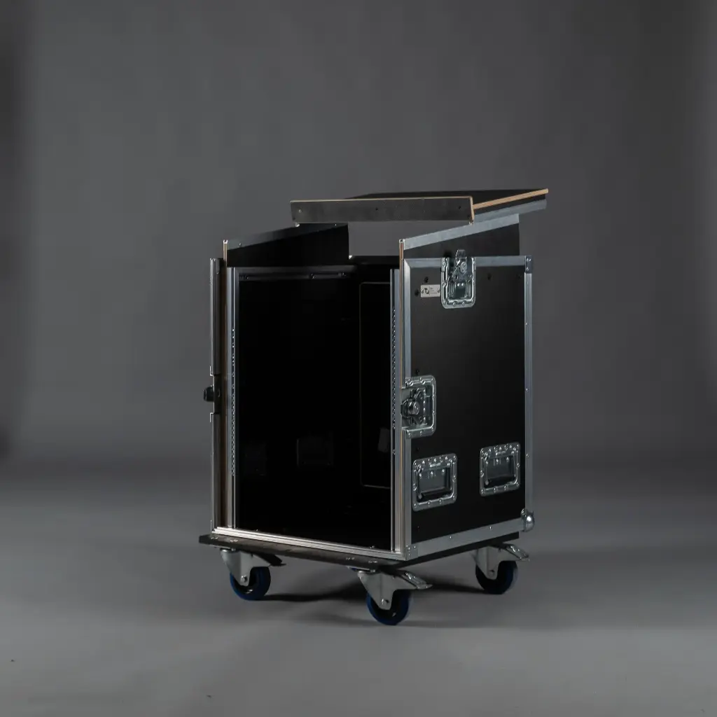 [TPL000249-004] L-Rack with Laptop Shelf (12 RU, Black, Accent colour: black, without tour label dish, 2 braked castors, without brush strip)