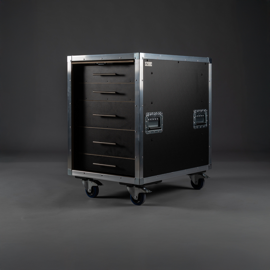 [TPL000713-002] System-Rack PRO DRAWER (Schwarz, Deckel in Schwarz, ohne Gravur, 2 gebremste Rollen, mit System-Stapelmulden, ohne Tourlabelschale)